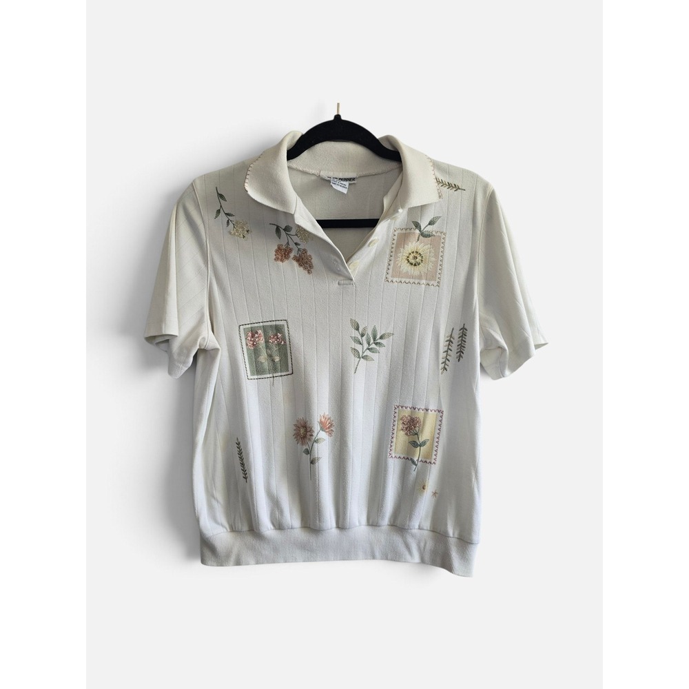 Alfred Dunner White Polo Shirt Short Sleeve Floral Cottagecore Beaded Ribbed